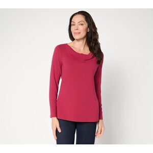 Denim & Co. Women's Top Sz L So Soft Jersey Long Sleeve Drape Neck Red A710572